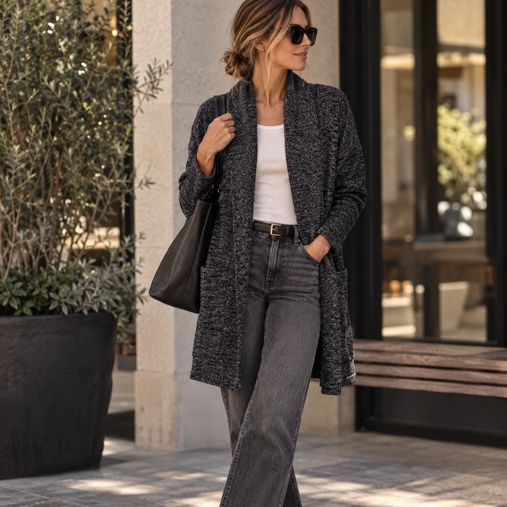 Zara Marled Charcoal Open Front Long Cardigan S Shawl Collar Pockets
